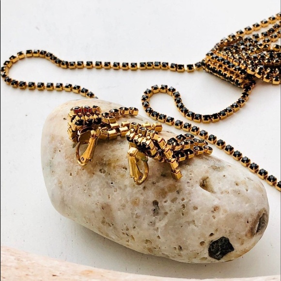 Vintage Waterfall Black Rhinestone Necklace Set 🖤 - Picture 7 of 17